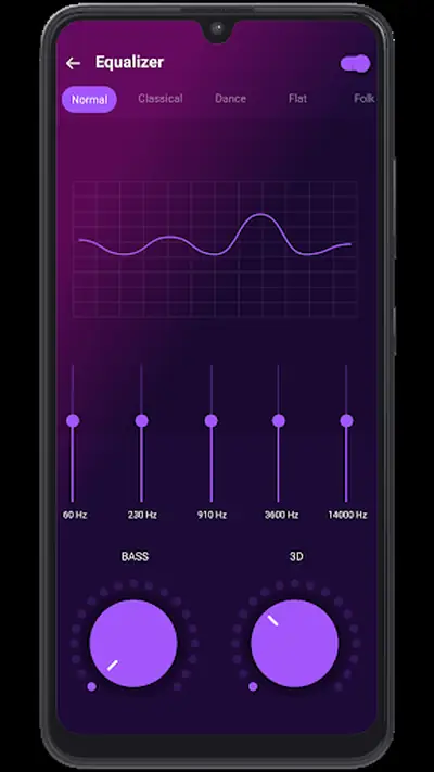 Audio equalizer app with frequency sliders from 60 Hz to 14 kHz and bass controls