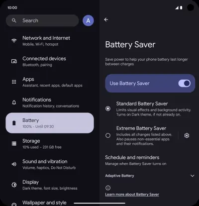 Android Battery Saver settings screen with Standard and Extreme saver options
