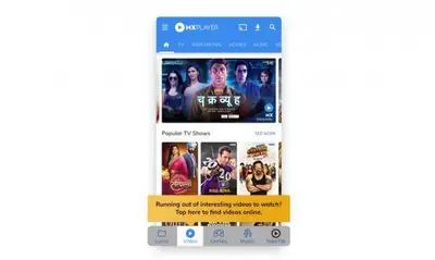 MX Player app open on Android showing movies and TV shows