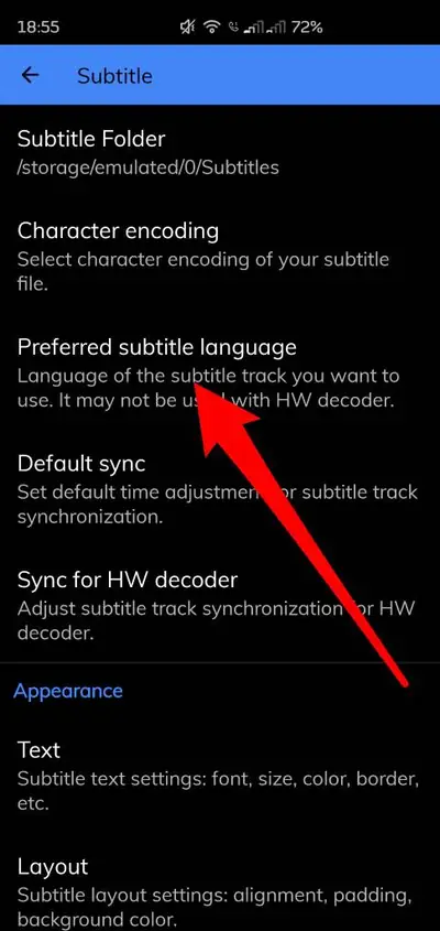 Subtitle settings screen with language, encoding, sync and appearance options