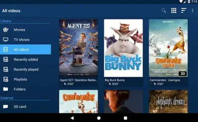 Video player library on Android showing a grid of movie thumbnails