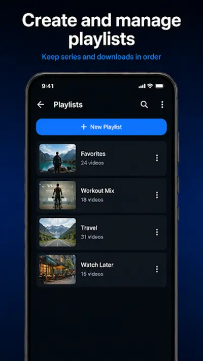 Video app playlists screen with Favorites, Workout Mix, Travel and Watch Later lists