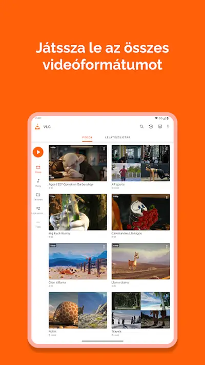 VLC for Android app open on a phone, showing a video library that plays all formats