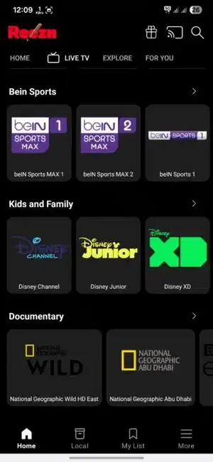 Reezn app live TV screen with sports, kids and documentary channel lists
